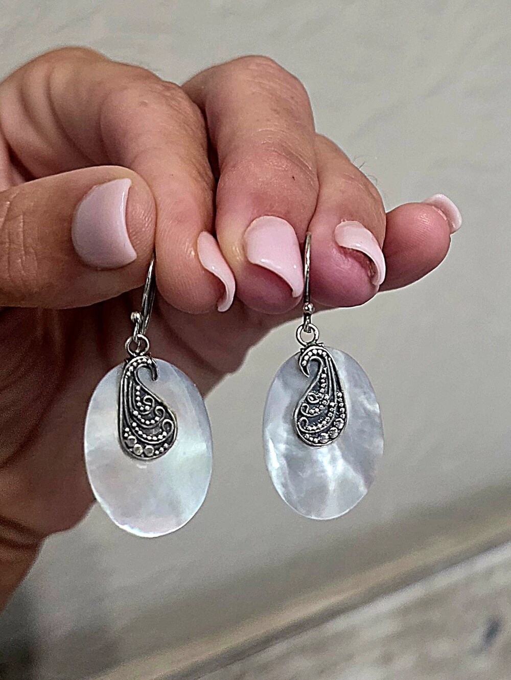 Indonesian Filigree sterling silver earrings white mother of pearl Hook Earrings